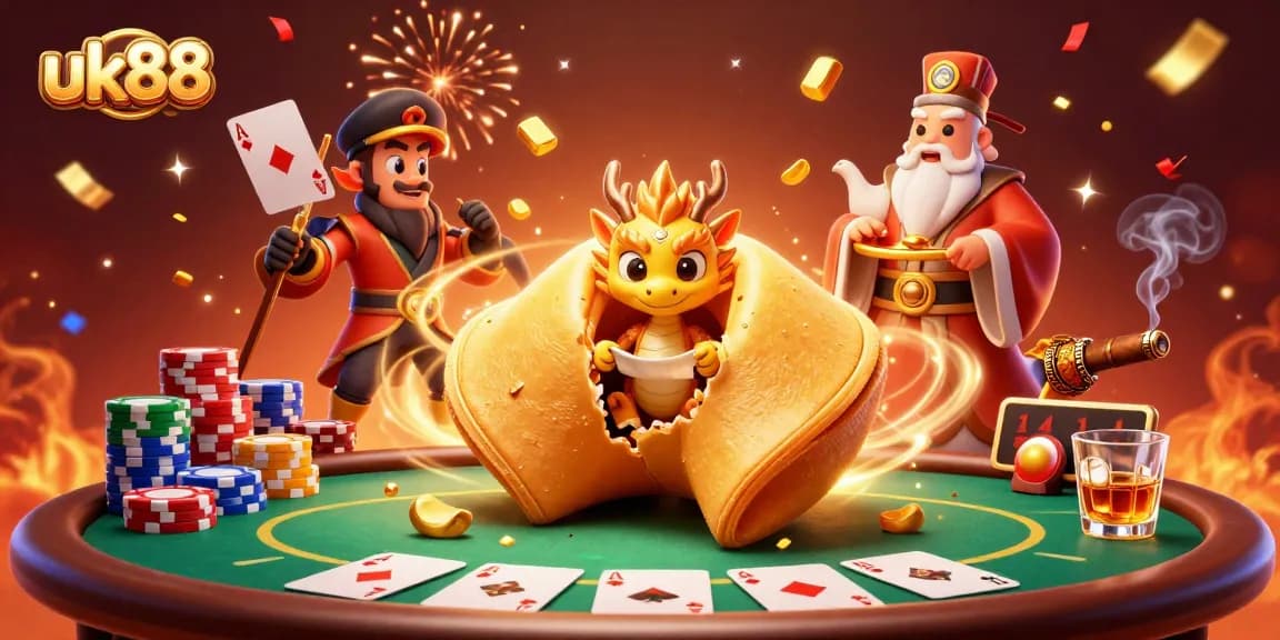 Engage in exciting gambling at uk88 with a vivid illustration of a dragon, fortune cookie, and poker elements.