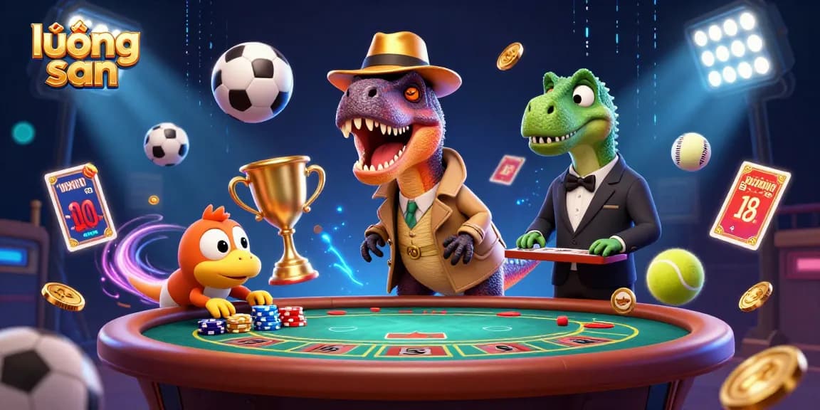 Engage in thrilling sports betting with lương sơn at a dynamic cartoon casino scene featuring colorful sports elements.