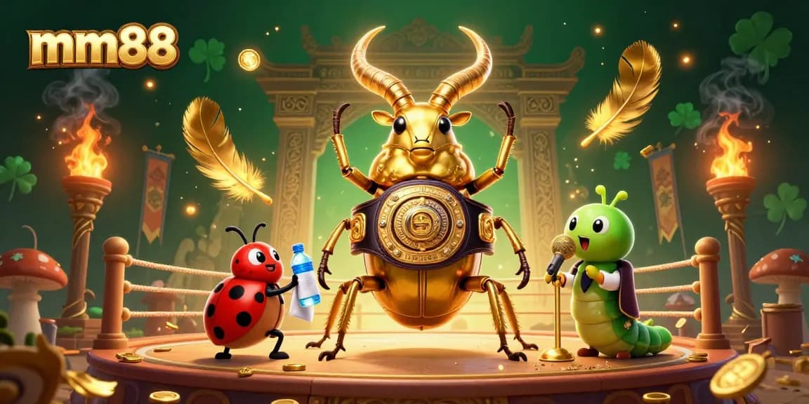 mm88 offers thrilling casino action with a giant stag beetle champion in a vibrant 3D scene.