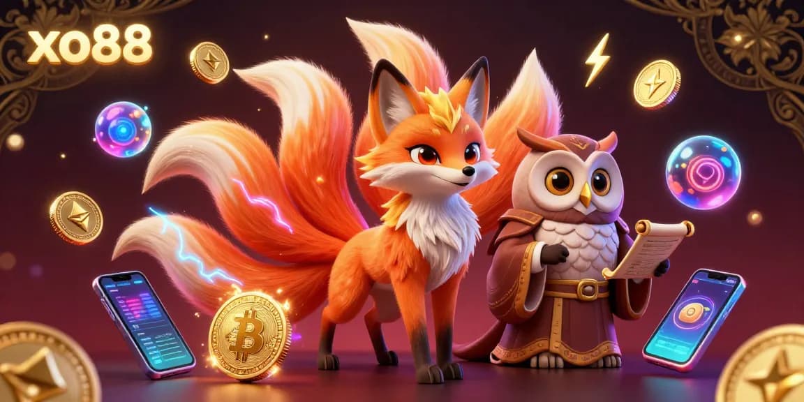 Experience the vibrancy of xo88 with a magical fox and wise owl in a digital casino world.