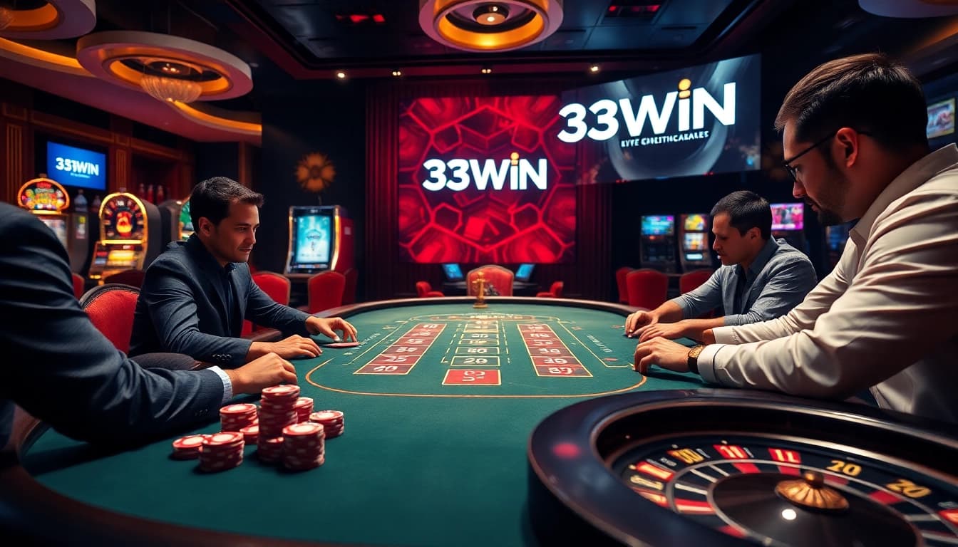 33WIN casino players strategizing at an elegant table illuminated in luxury.
