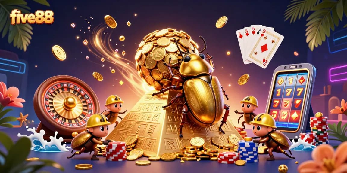five88 showcases a vibrant casino scene with dynamic beetles rolling golden coins and casino elements.