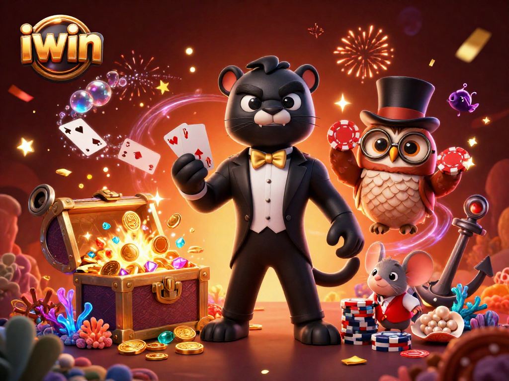 iwin and its stylish panther dealer set against a vibrant casino scene.