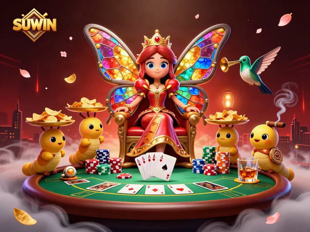 Suwin showcases a vibrant gaming scene with a butterfly queen presiding over a poker table.