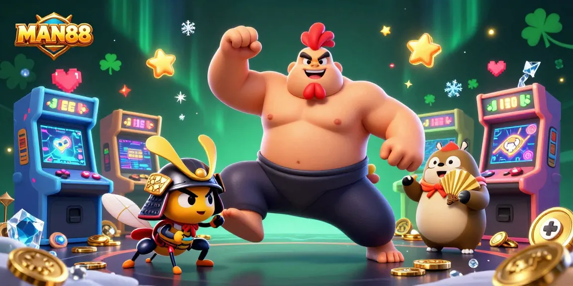 Join MAN88 for thrilling casino adventures featuring a mighty sumo rooster and samurai cricket!