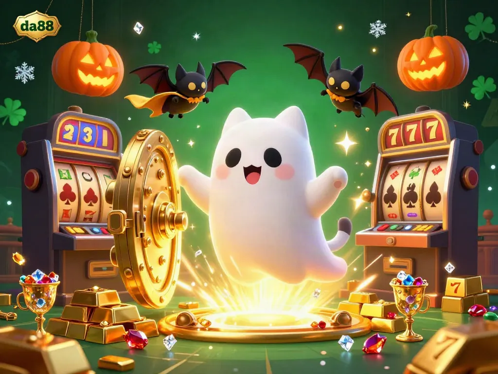 Experience thrilling action at da88 casino with a haunted atmosphere, ghostly characters, and golden treasures.