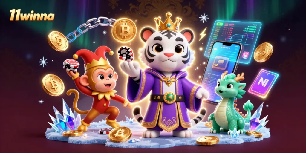 Experience the thrill of 11winna at a vibrant casino scene with lively characters and gaming elements.