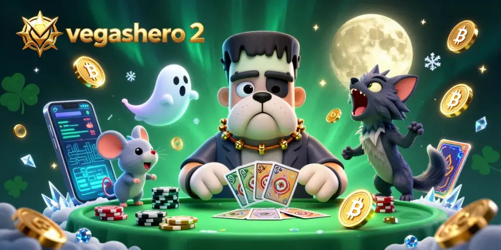 Engage with vegashero 2 as the Frankenstein bulldog deals cards at a thrilling crypto casino table.
