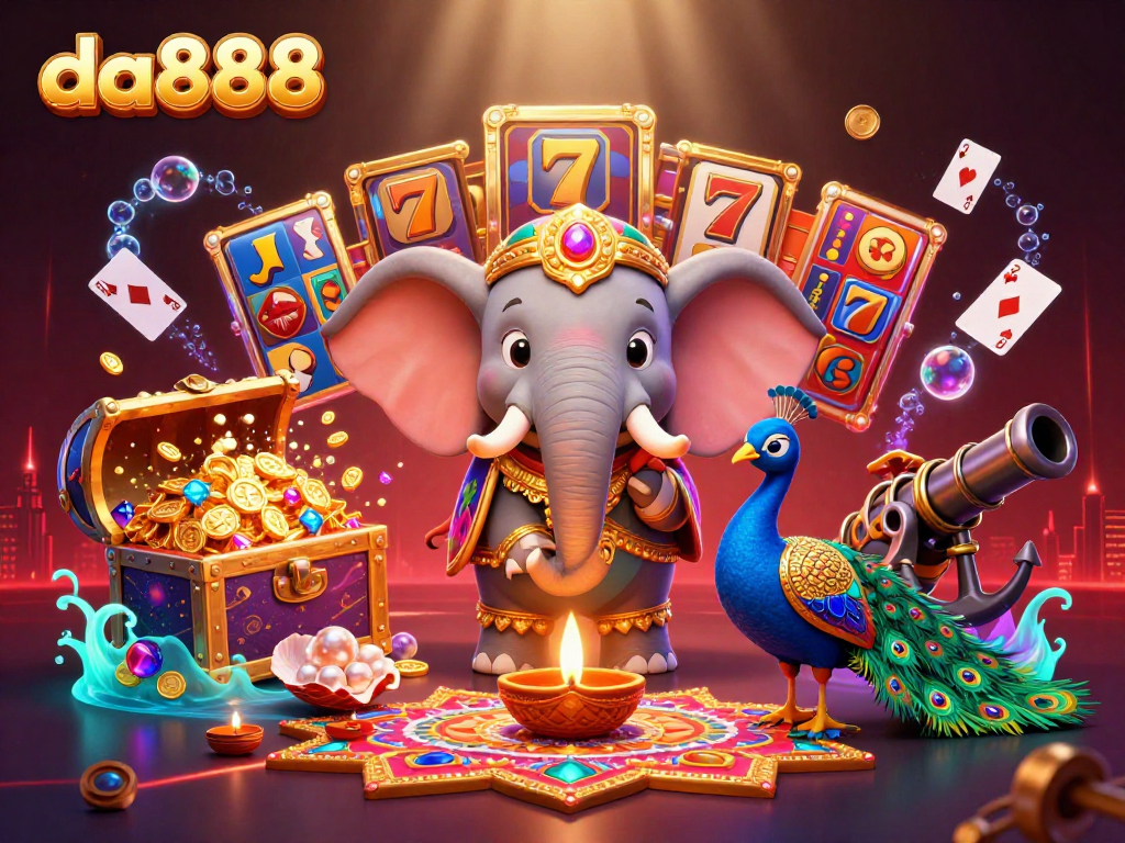 da888 showcasing vibrant slots and festive Diwali elements in a dynamic 3D casino illustration