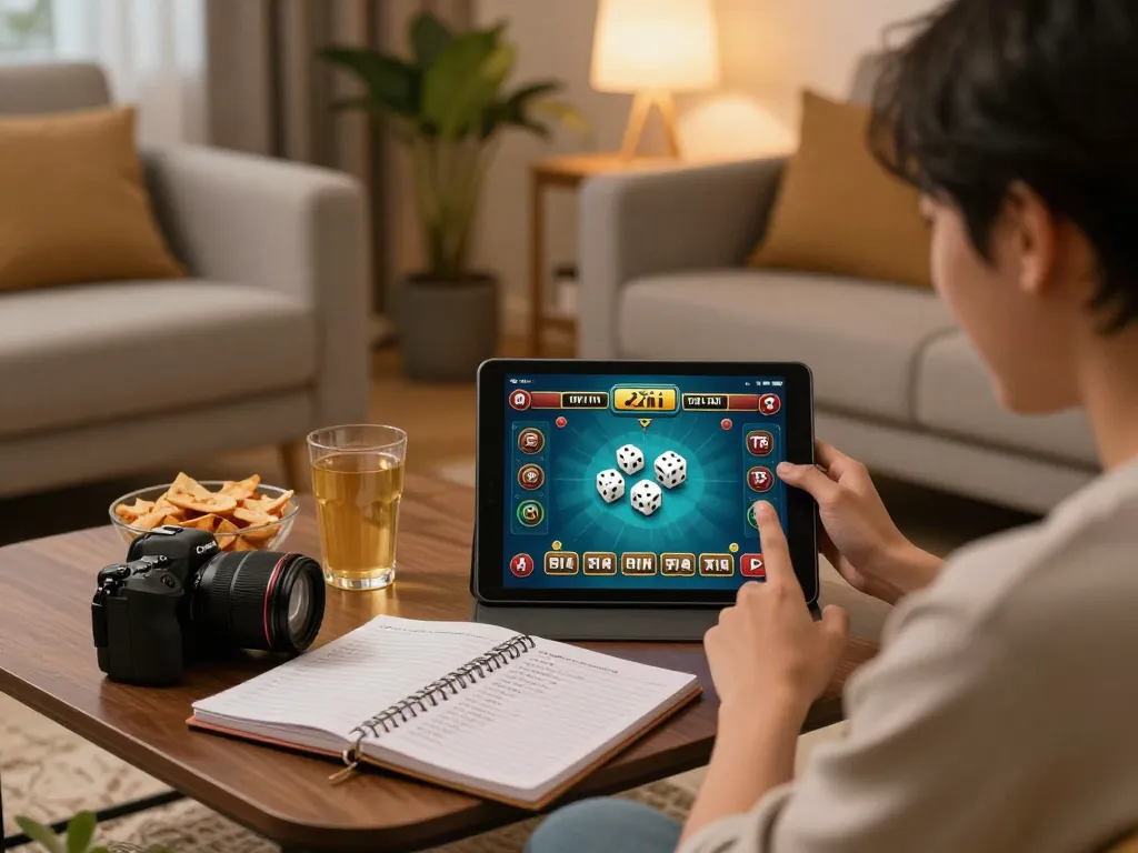 Engaging moment at taixiuvn where a player enjoys online Tài Xỉu game on tablet, highlighting responsibility and entertainment.