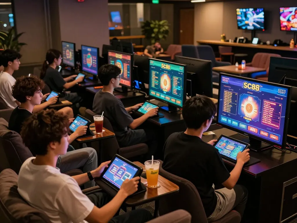 Engaging players using SC88 app for online gaming in comfortable lounge.