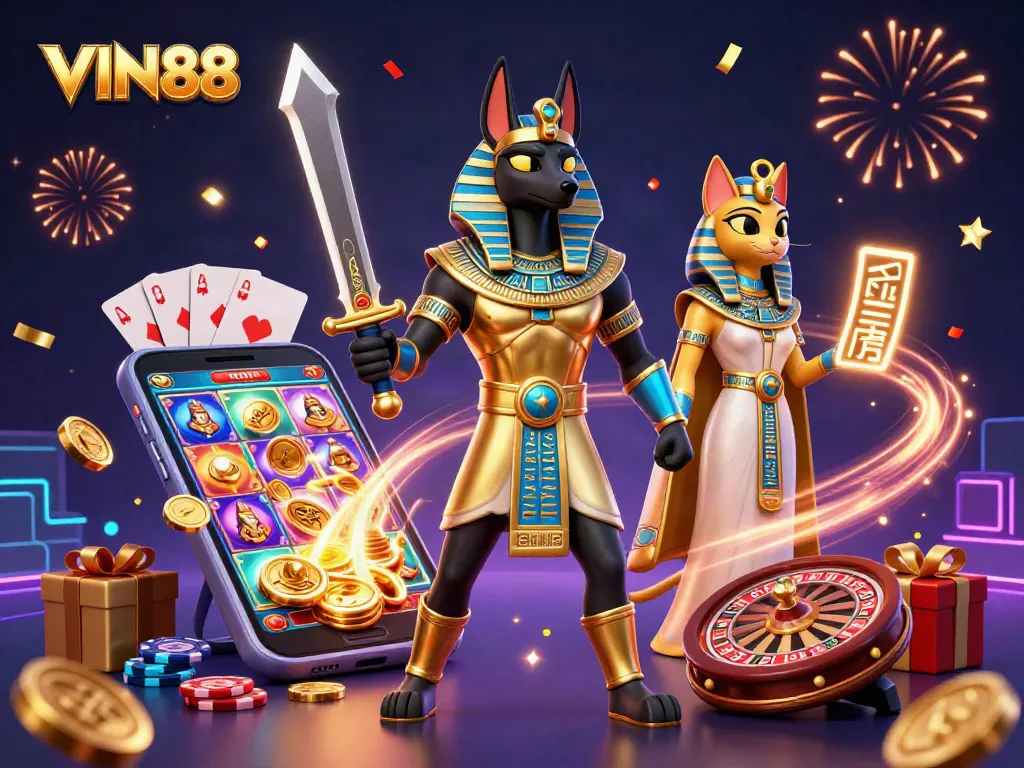 Engage with thrilling slot games at VIN88 featuring Anubis and Bastet in a vibrant casino setting.