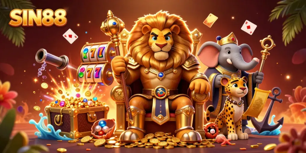 SIN88 king reigns over a vibrant casino scene filled with slot machines and golden treasures.
