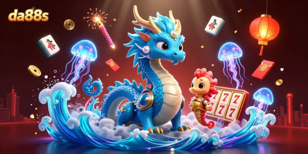 Engage thrilling games at da88s with vibrant underwater casino scene featuring slot reels and lucky symbols.