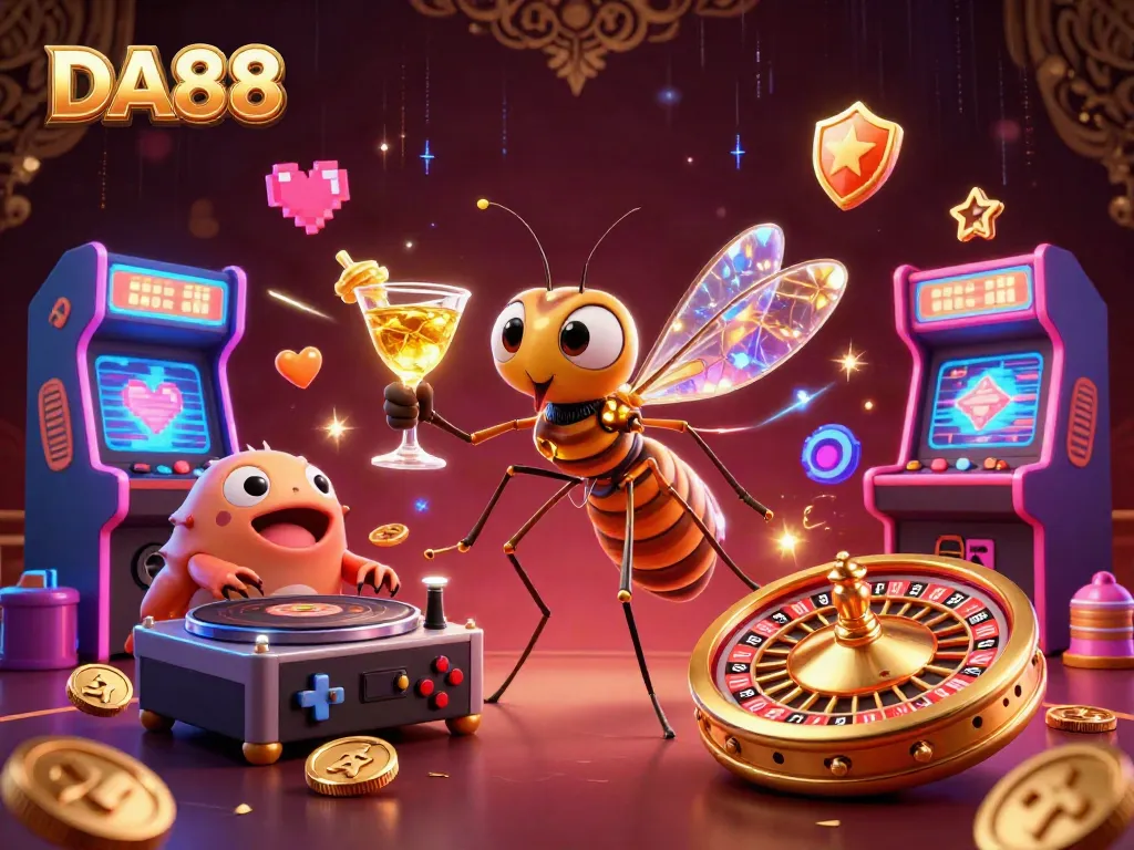 Experience the thrill of DA88 with vibrant casino elements and engaging characters in an energetic digital art scene.