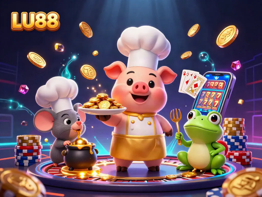 LU88 creates an exciting atmosphere with gold coins, a chef pig, and dynamic casino elements.