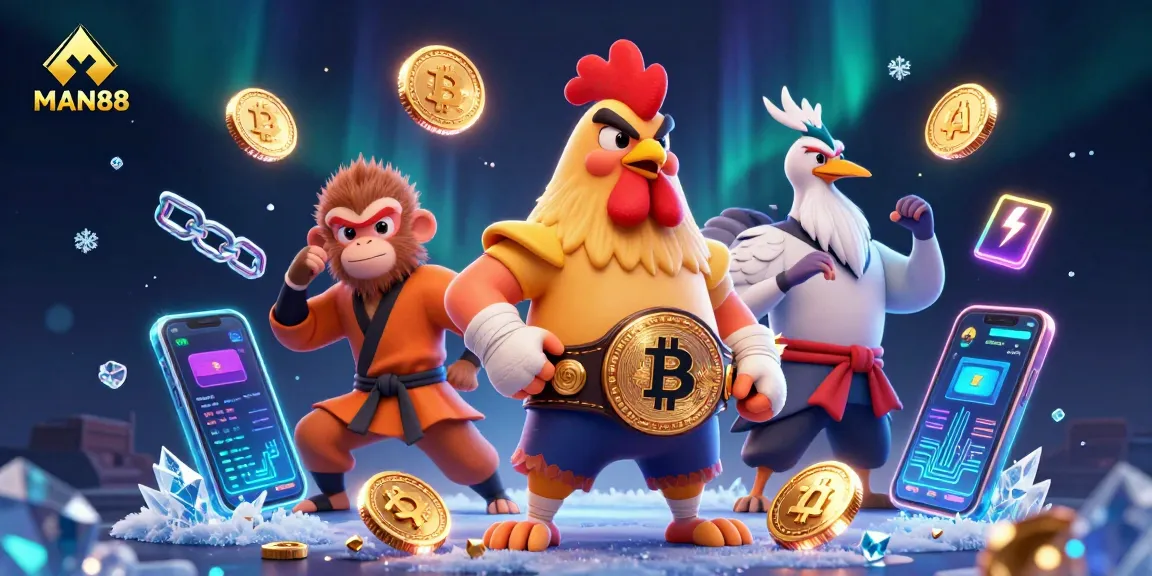 Experience thrilling gameplay at MAN88, featuring a vibrant 3D illustration of a Muay Thai rooster and crypto elements.