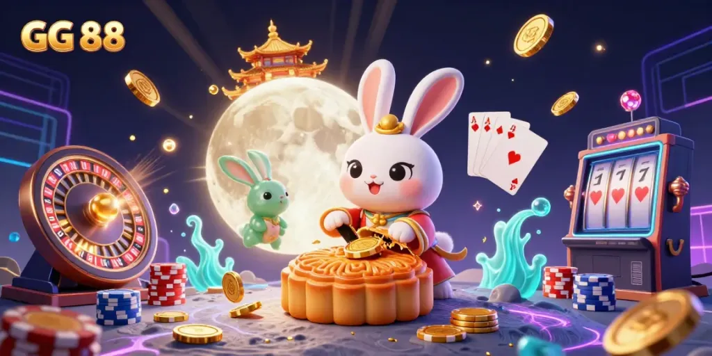 Engage in the thrilling gambling adventures with GG 88 at a vibrant 3D casino universe featuring moon rabbits and lively gameplay elements.