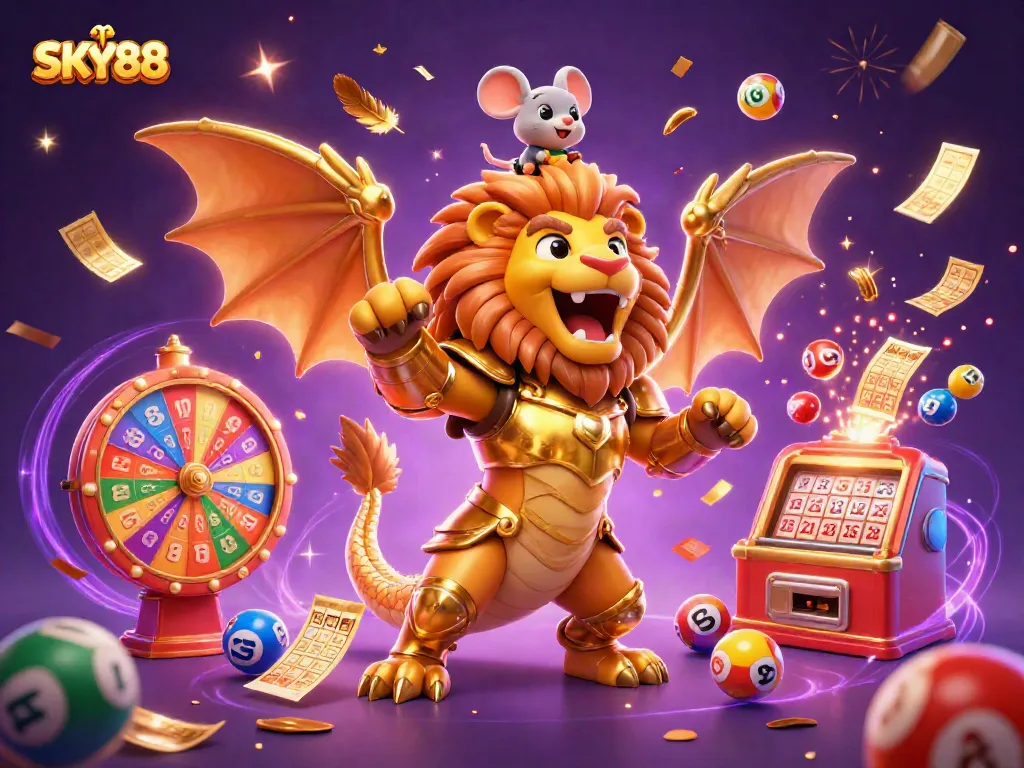 Experience dynamic gaming action with SKY88 as a triumphant chimera creature and brave mouse jockey amid colorful lottery elements.