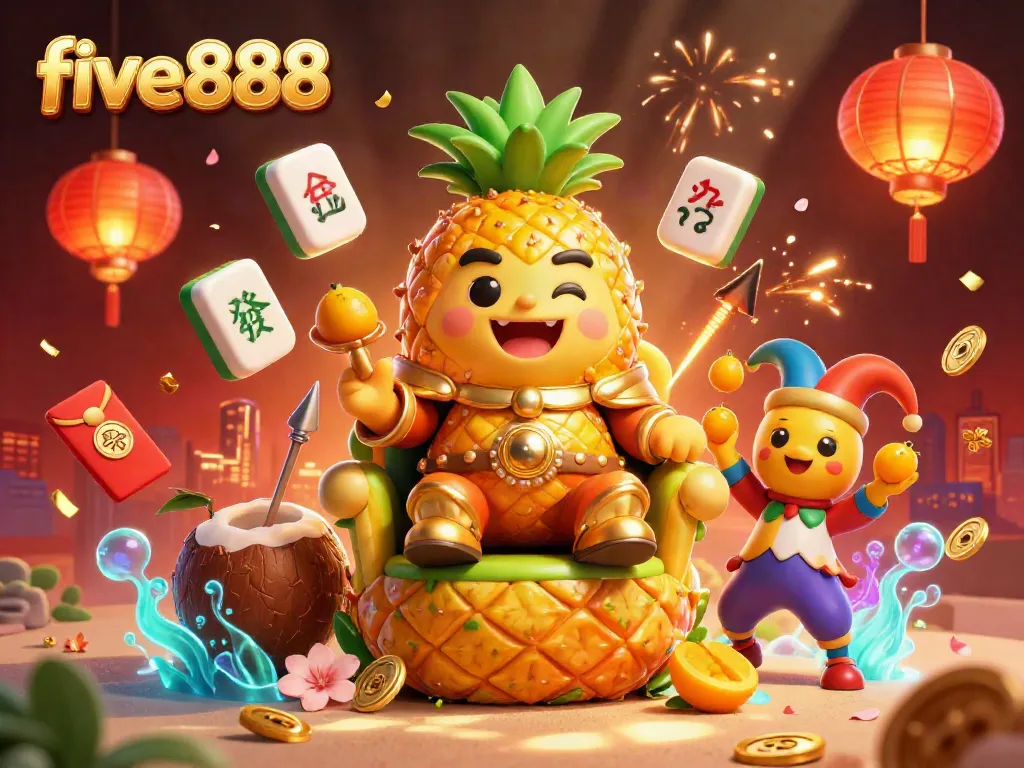 Experience thrilling gameplay at five888 with a vibrant casino scene featuring a golden pineapple king and his companions.