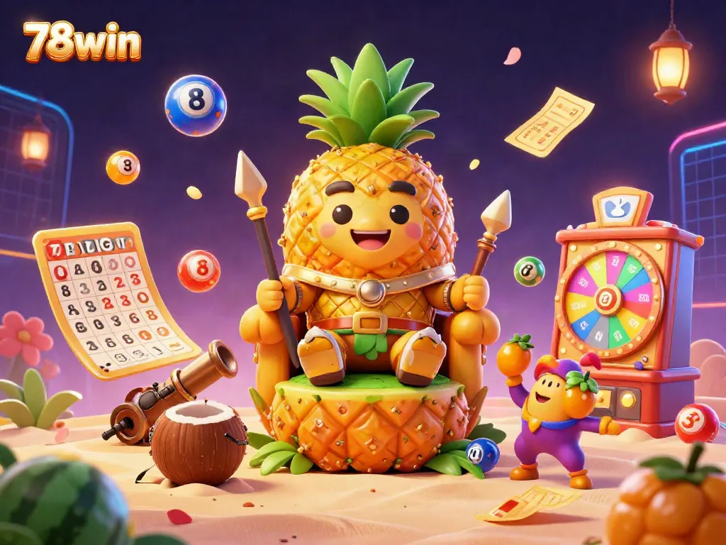 Experience the thrill of 78win's dynamic casino with vibrant lottery balls and a playful golden pineapple king.