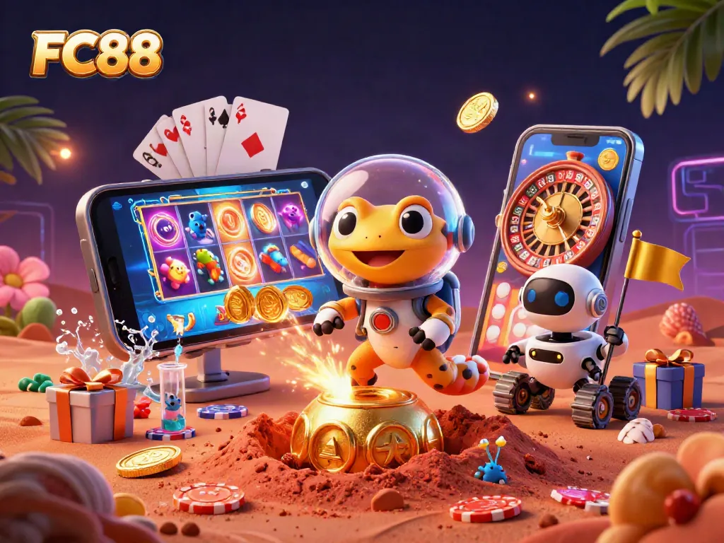 FC88 casino adventure featuring a Martian gecko exploring a golden casino amidst vibrant slots and game elements.