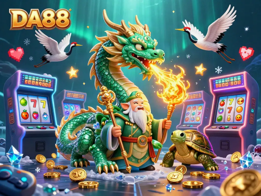 Engaging DA88 casino scene with jade dragon and slot machines in vibrant underwater setting.