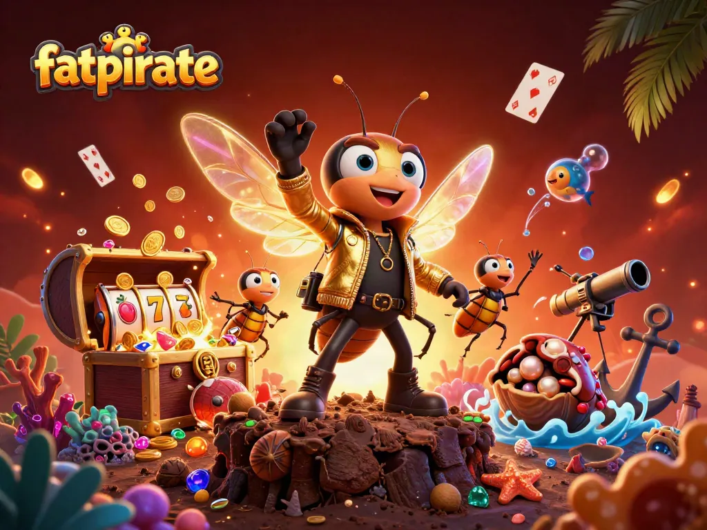 Experience the thrill at fatpirate with slots, jackpots, and colorful casino elements in this vibrant illustration.