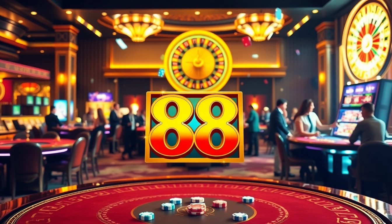 Players enjoying the thrilling Lucky 88 slot machine in an upscale casino setting, surrounded by vibrant gaming elements.