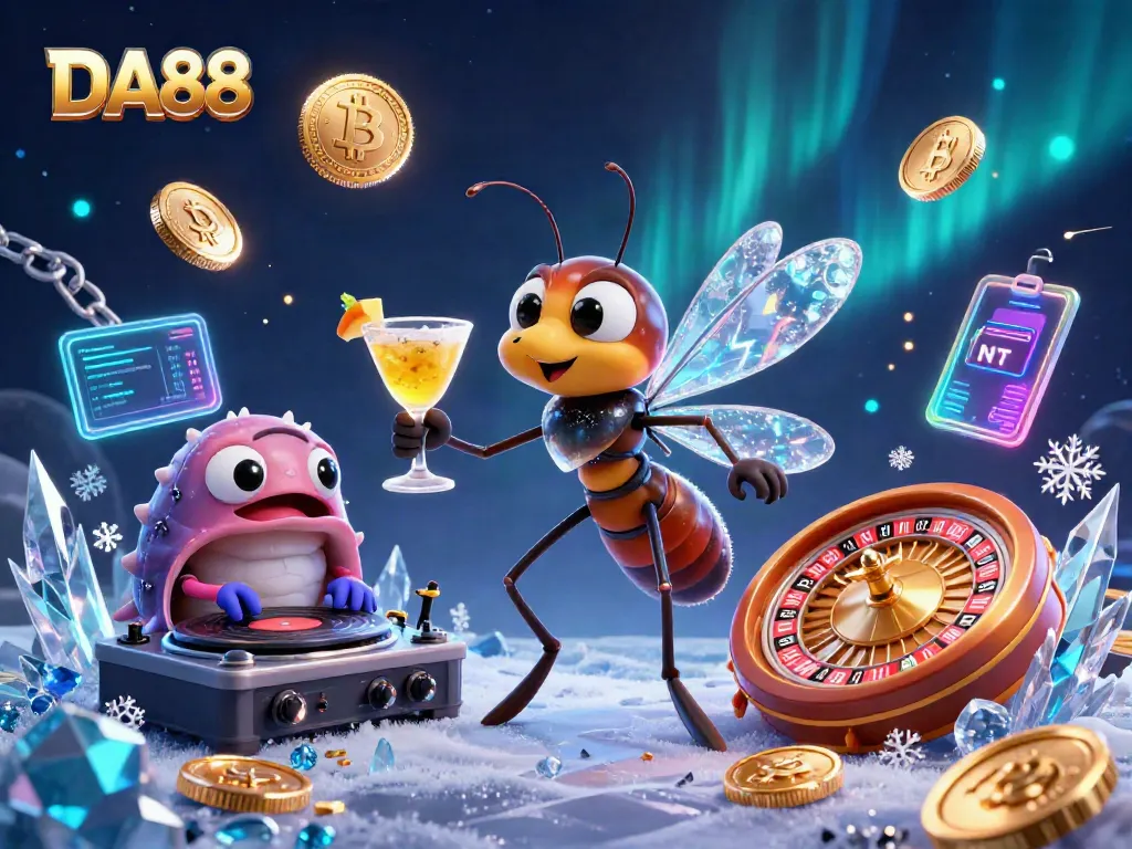Spin the golden roulette wheel at DA88 casino with captivating 3D characters and vibrant crypto elements.