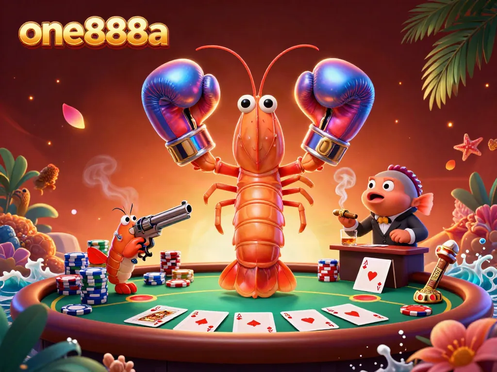 One888a offers a vibrant poker showdown featuring a cartoon mantis shrimp and allies in an engaging casino setting.