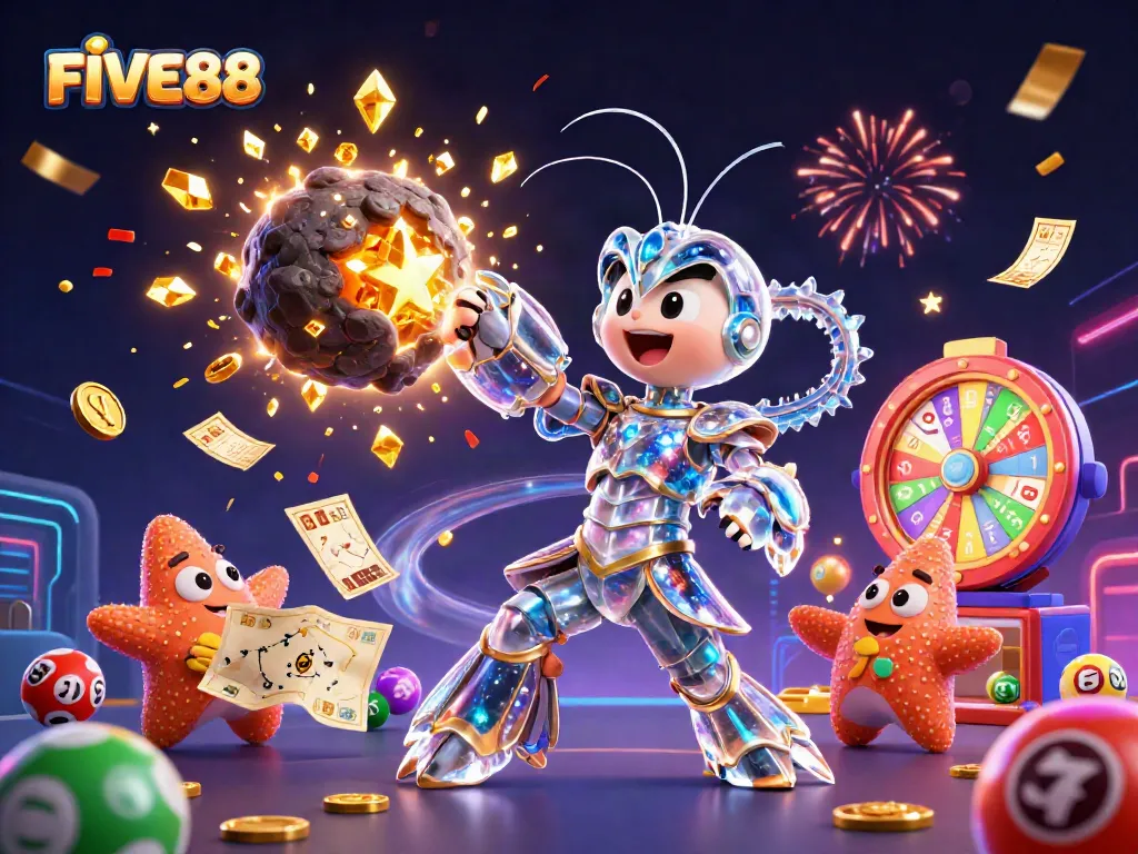 Win big with FIVE88 in this dynamic illustration featuring joyful characters and colorful casino elements.