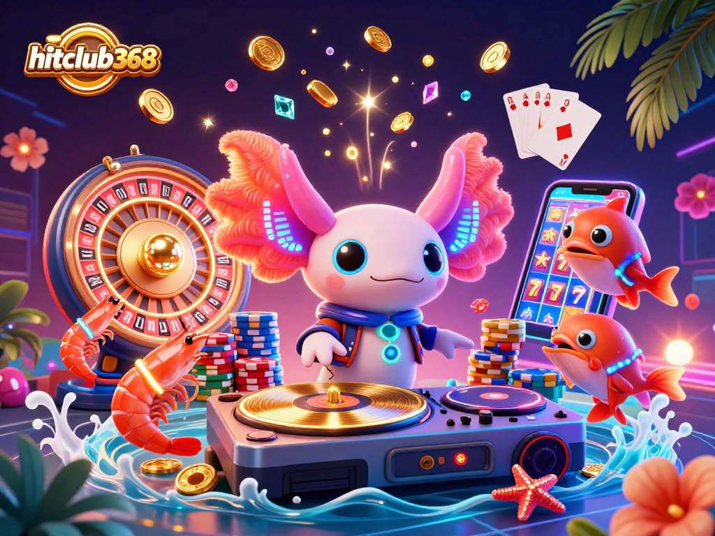 Experience vibrant gaming fun with hitclub368 at an underwater DJ party featuring colorful characters and casino elements.