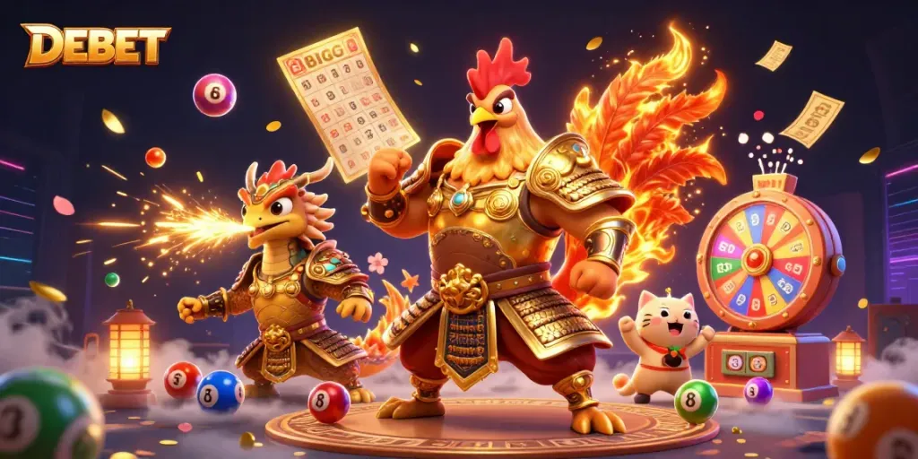 Engage in DEBET's thrilling gaming universe with a vibrant 3D illustration featuring a warrior rooster, dragon, and lucky cat.