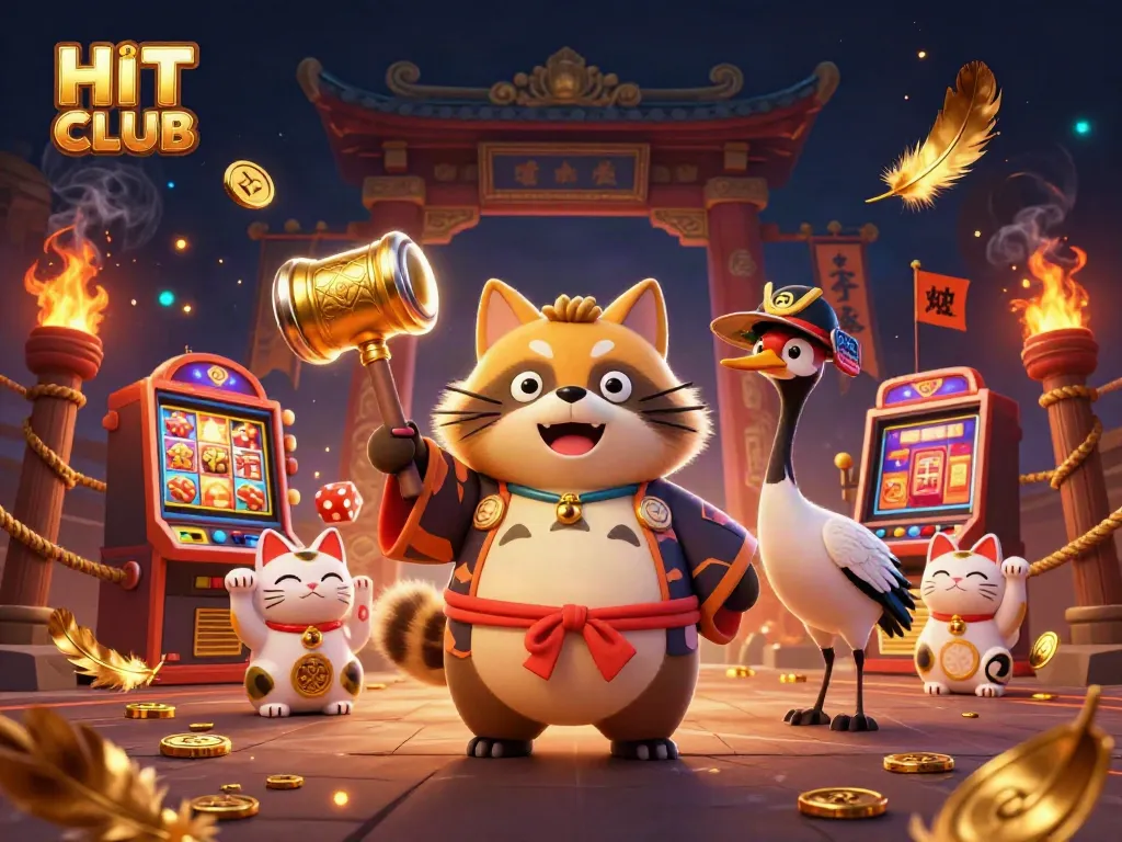 Engage with HIT CLUB's vibrant gaming scene, featuring cheerful tanuki, crane, and lucky cats amidst swirling casino elements.