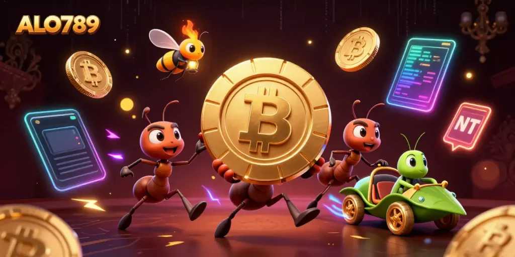 Experience the thrilling adventures at ALO789 with a heist by animated ants in a vibrant casino-themed illustration.