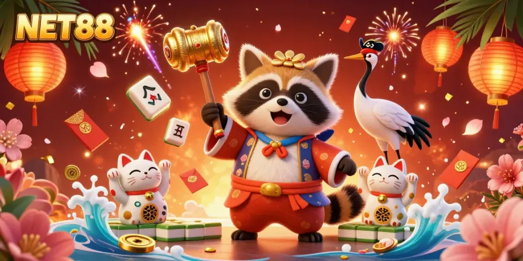 Engage in NET88’s vibrant 3D casino scene featuring cheerful characters, fortune cats, and festive elements.