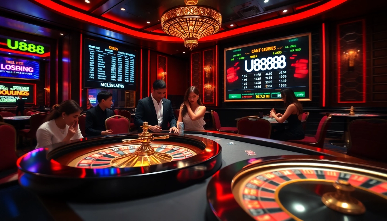 Experience u888 action with luxurious casino tables featuring poker chips and players.