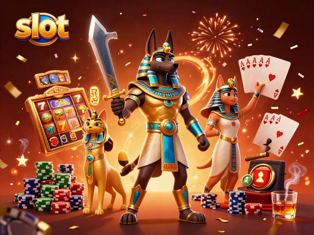 Experience thrilling jackpots with slot reels, Anubis, and gambling elements