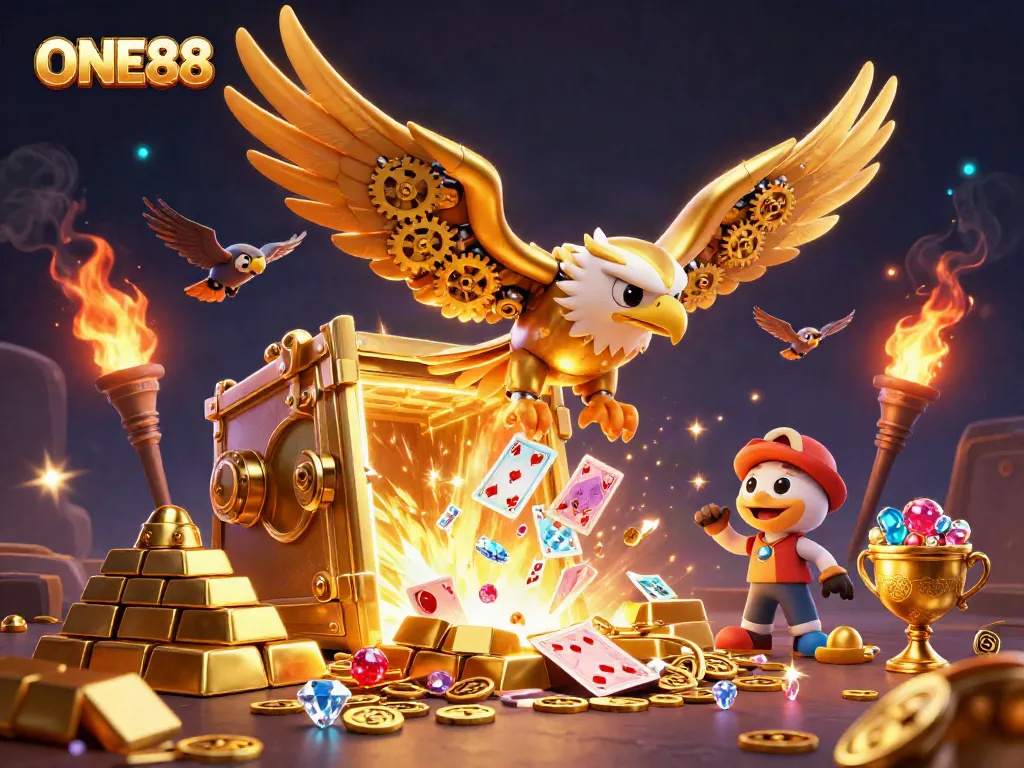 ONE88's cybernetic eagle soars through a vibrant, treasure-filled casino scene, showcasing its gaming allure.