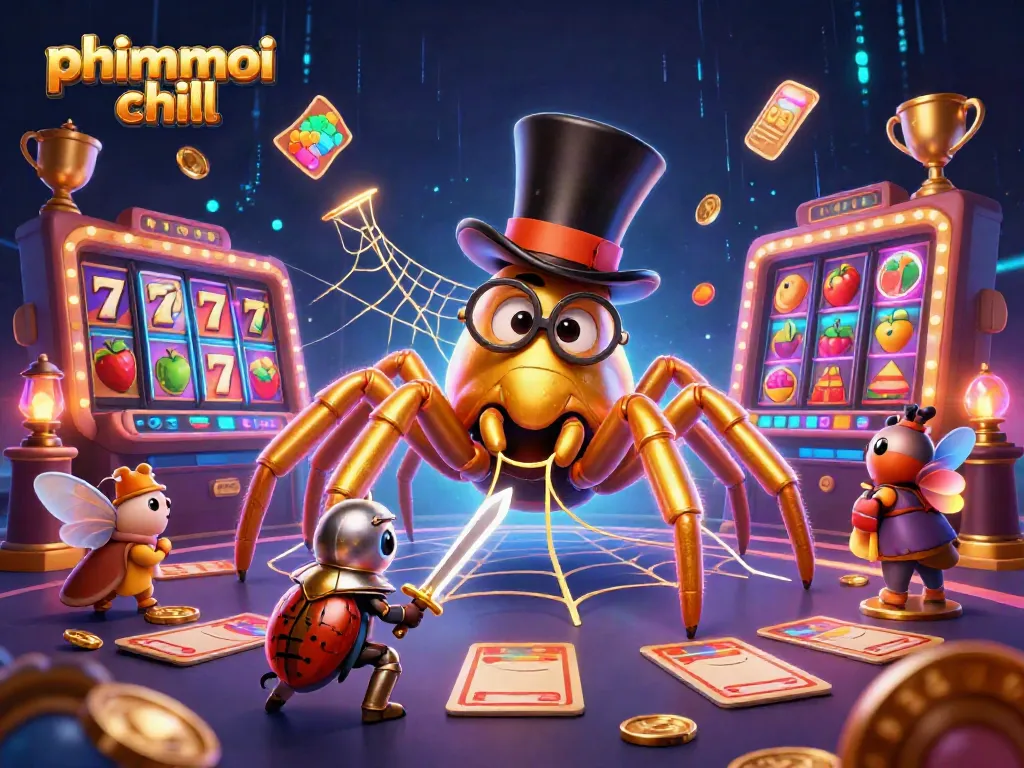 Experience phimmoi chill with a lively scene of a casino-themed web, featuring a golden tarantula and beetle knight.