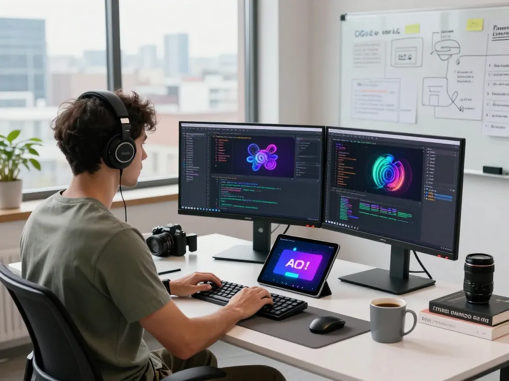 Focused developer working on juicy ai applications in a modern workspace filled with tech gadgets and coding tools.