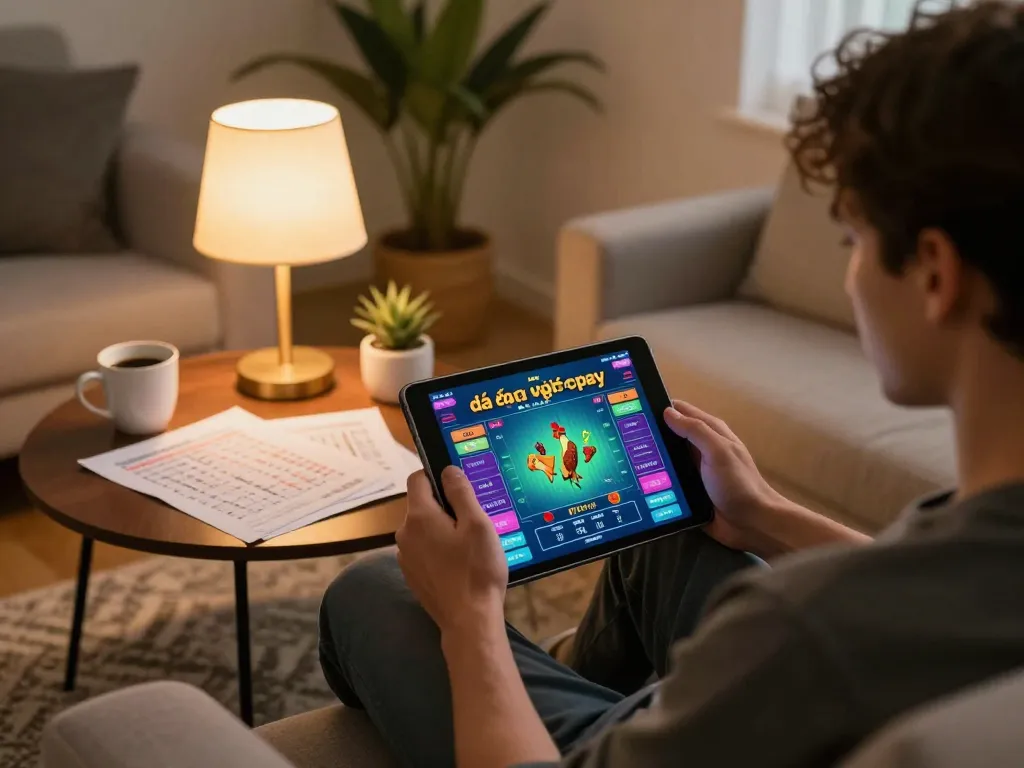 Engaging in đá gà trực tiếp while analyzing betting strategies at home on a tablet.