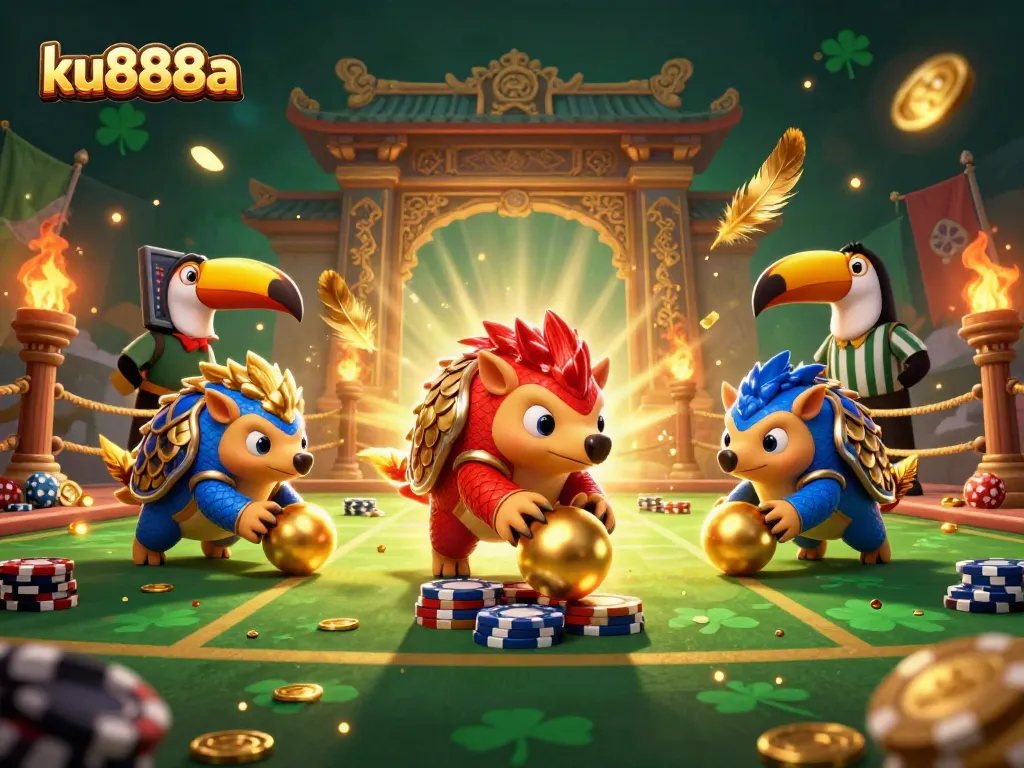 Engaging ku888a scene with dynamic pangolins bowling through poker chips, highlighting casino excitement.