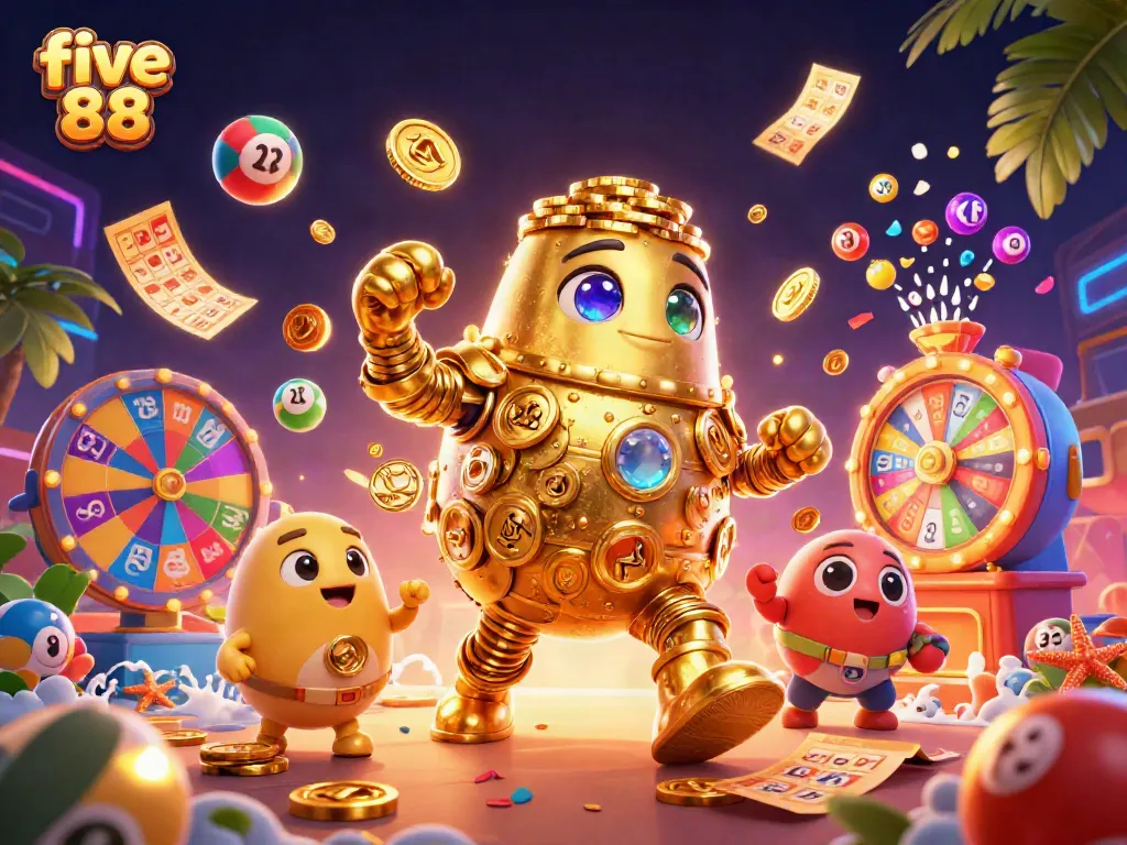 Engage with the vibrant five 88 casino experience featuring a golden golem amidst dynamic gaming elements.