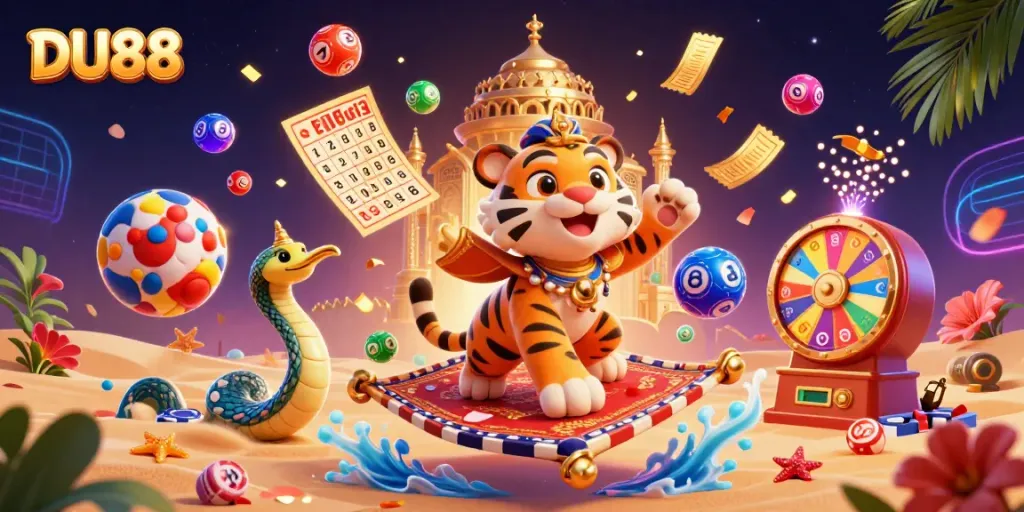 Experience the thrill of DU88 with vibrant lottery elements and a magical Arabian-themed scene.
