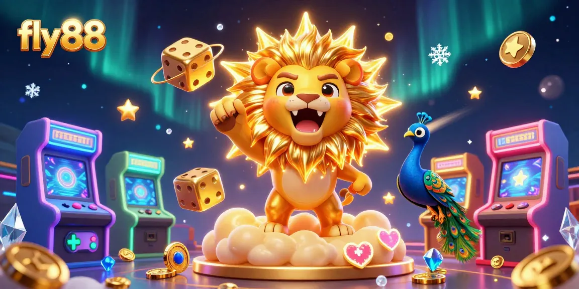 Win big at fly88 with vibrant 3D casino graphics showcasing a roaring lion and dynamic gaming elements.