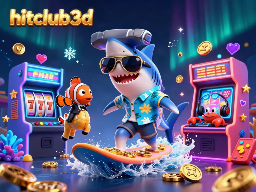 Experience hitclub3d as a shark surfs on gold, surrounded by vibrant gaming elements and rewards.