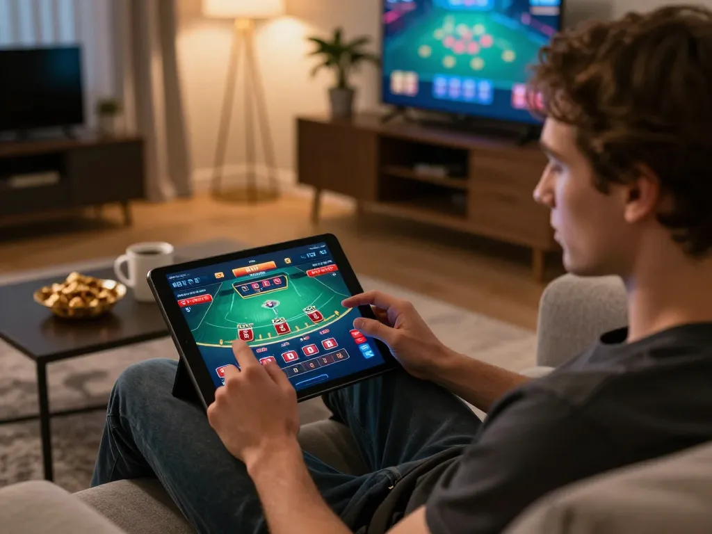 Player enjoying blackjack gameplay on bj88bj online casino app from a cozy home setup