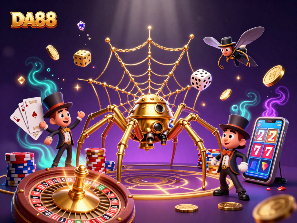 DA88 features an amusing steampunk spider catching dice in a colorful casino scene.